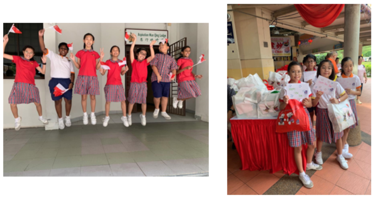Children in red uniforms jump holding Singapore flags; others pose with handmade signs and bags at a table.