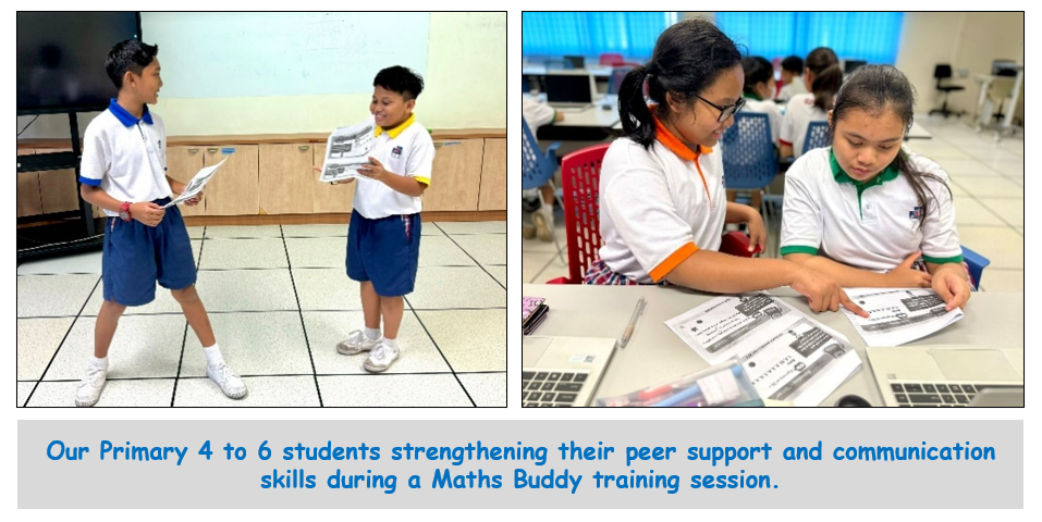 Two school students stand holding papers while two girls review worksheets together at a desk during a Maths Buddy session.