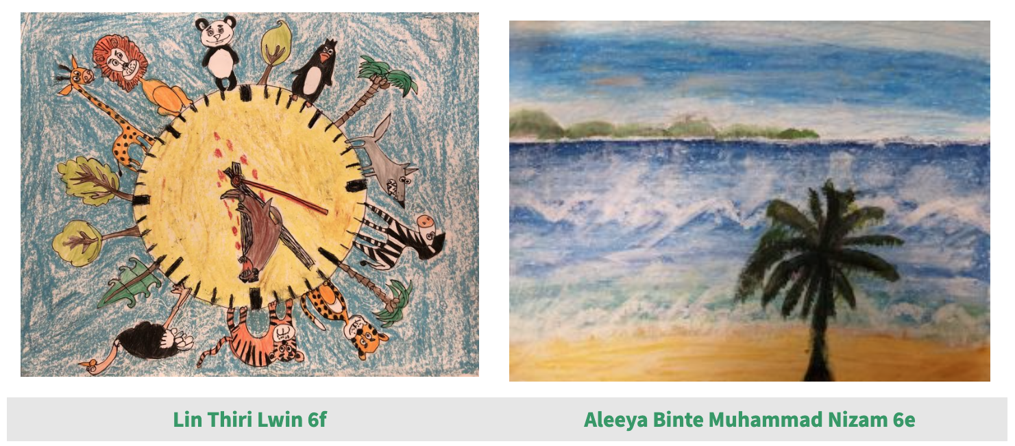 Two student artworks: a crayon drawing of animals around a sun clock, and a watercolor beach scene with a palm tree.
