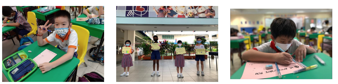 Three scenes of masked schoolchildren: one at a desk, three holding certificates, and one writing on pink paper.