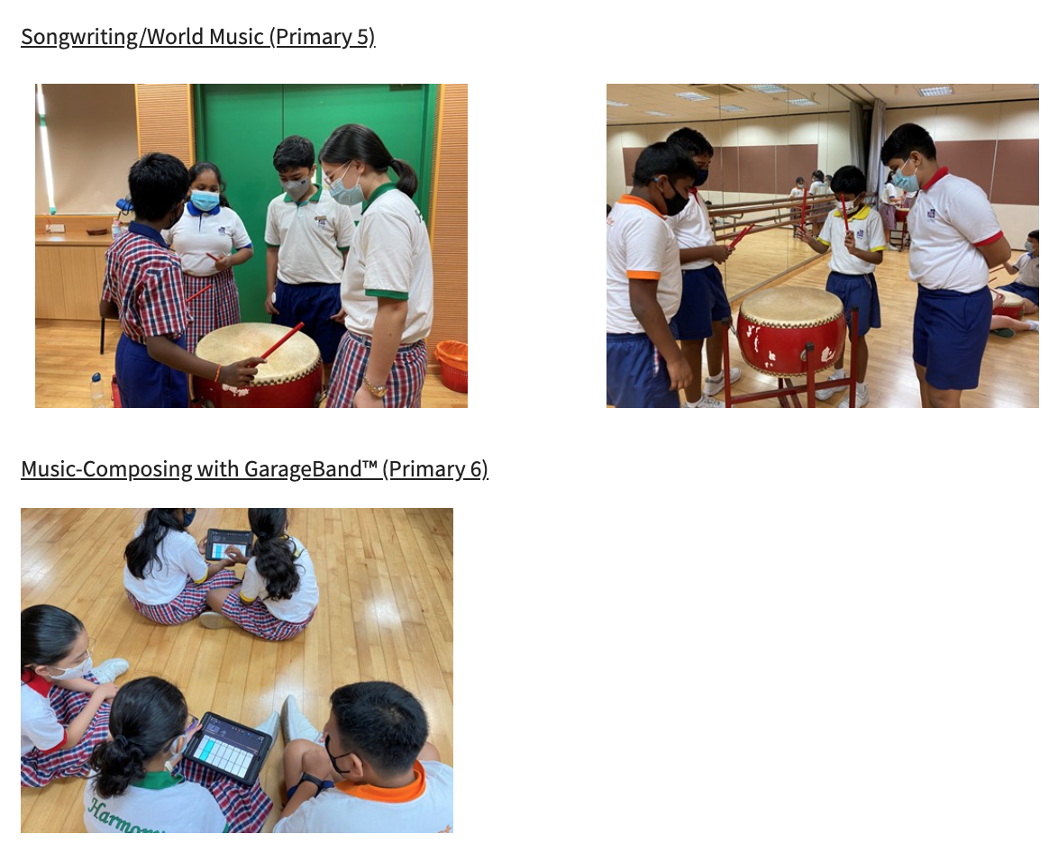 Students in school uniforms playing large red drums and sitting on a floor using tablets during music lessons.