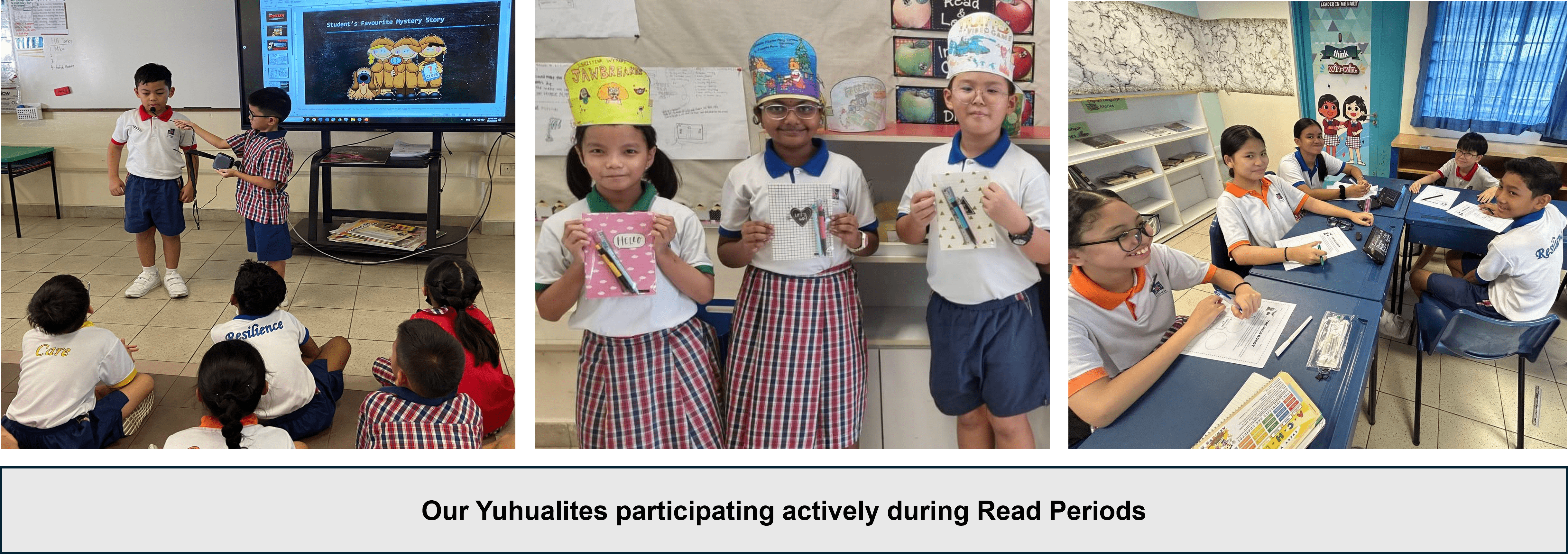 Three classroom scenes showing students presenting, holding crafts with paper hats, and working at desks during Read Periods.
