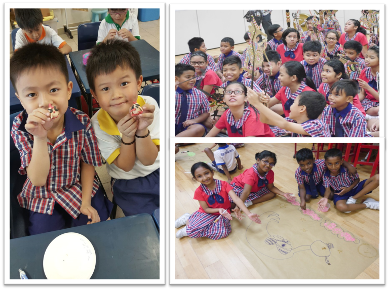 Three photos of young students in school uniforms doing crafts, holding small objects, and drawing on paper on the floor.