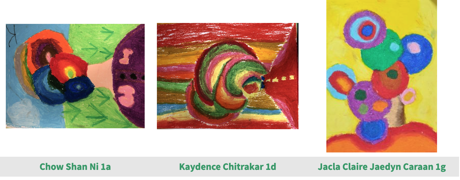 Three colorful children's artworks featuring bold shapes, spirals, and circles in vivid crayon or oil pastel.
