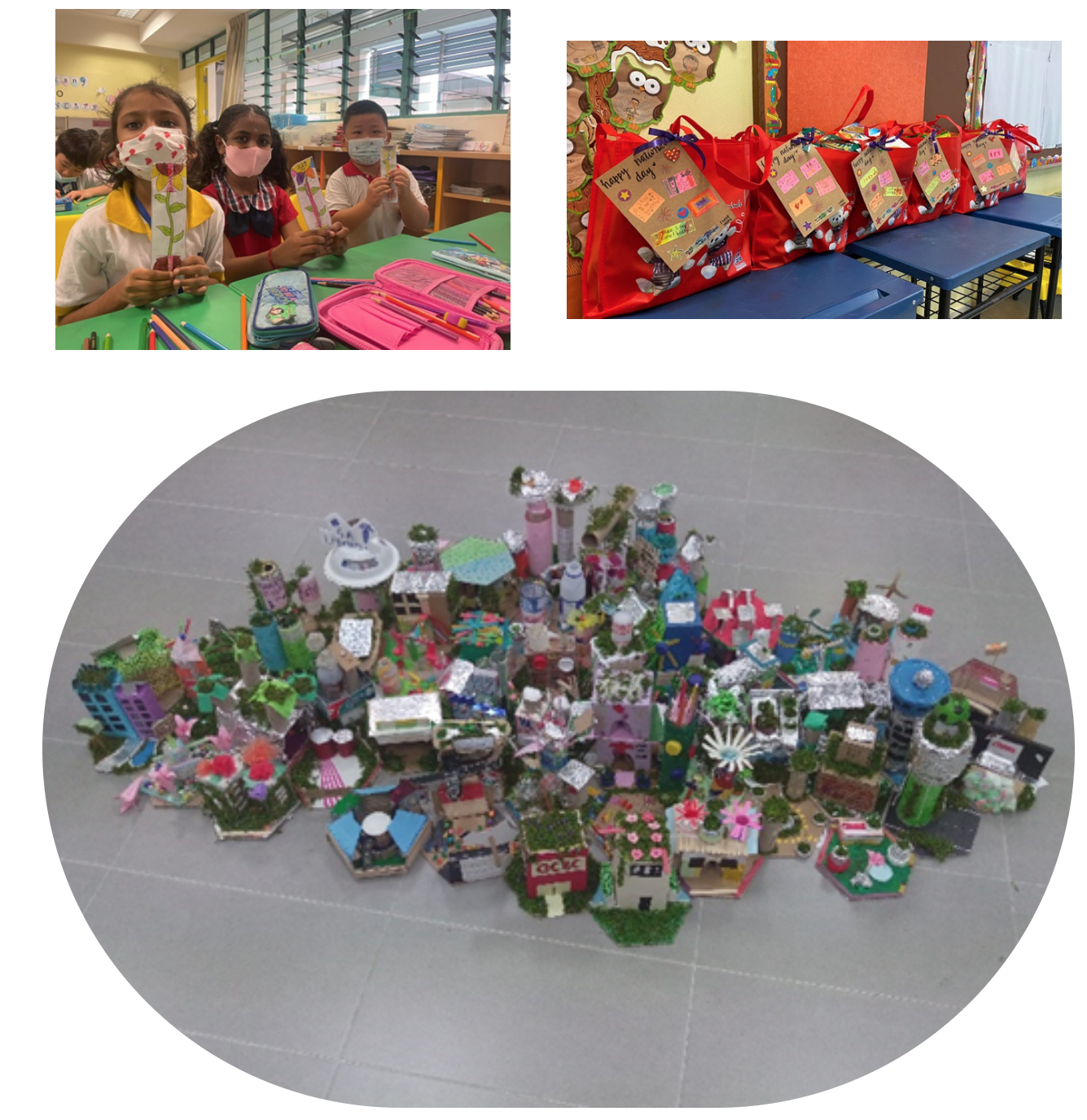 Three school photos: masked kids holding crafts, red gift bags on desks, and a colorful miniature city model on the floor.