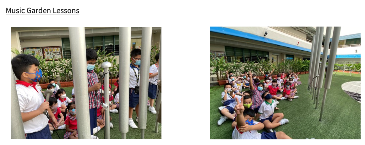 Young masked students in uniforms participate in outdoor Music Garden Lessons near tall metal chimes.