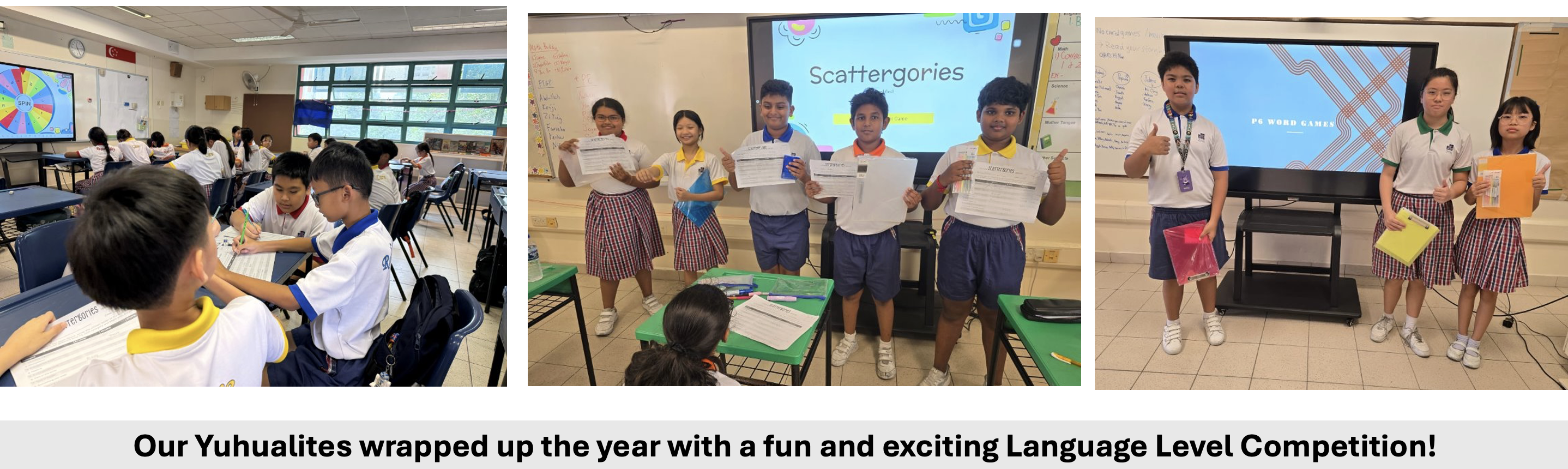 Students in school uniforms hold certificates in classrooms with Scattergories and word games on screens.