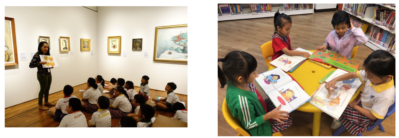 A teacher shows emoji cards to children in a gallery; four kids read picture books at a yellow table in a library.
