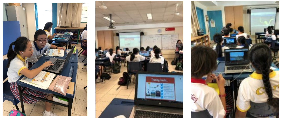 Three classroom scenes showing students in uniform using laptops during lessons with projected screens at the front.