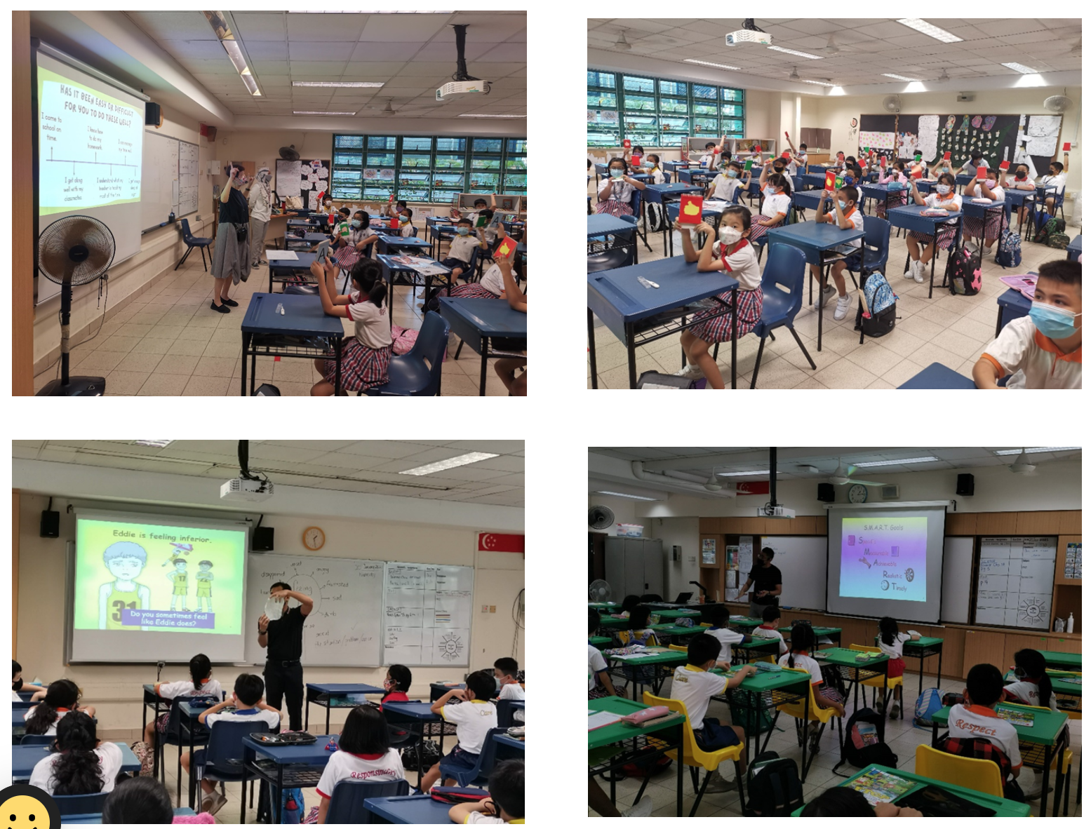 Four classroom scenes showing masked students at desks, teachers presenting projected slides during lessons.