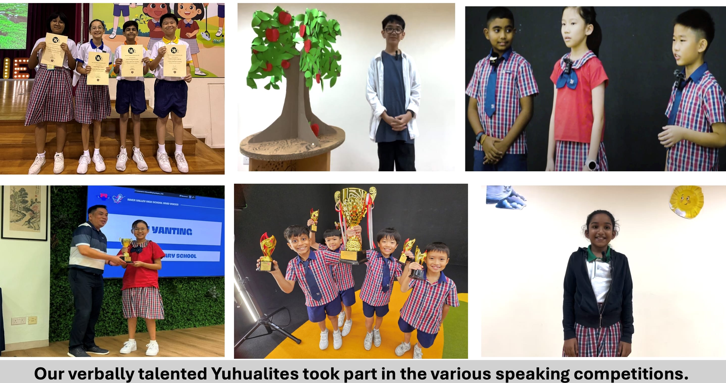 Six photos of students in school uniforms holding certificates and trophies at various speaking competitions.