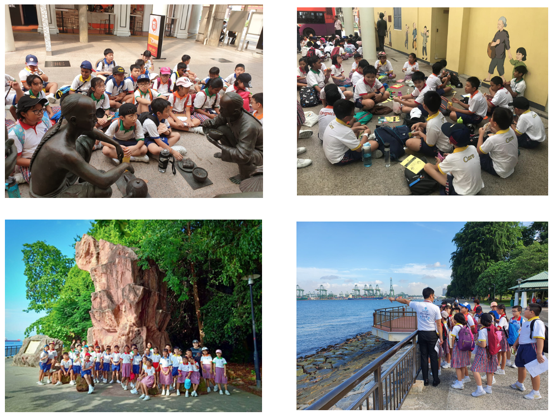 Four photos of a school field trip: children near statues, seated by murals, posing by a rock, and viewing a harbor.