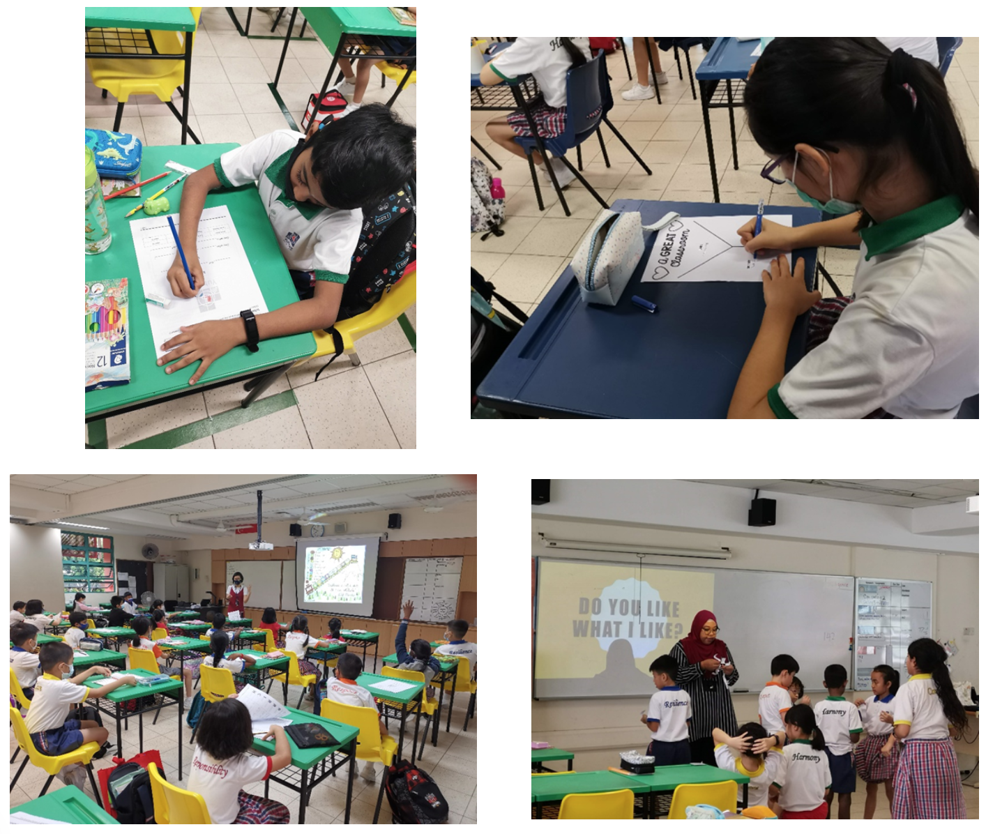 Four classroom scenes showing young students writing at desks and a teacher leading group activities near a projector screen.