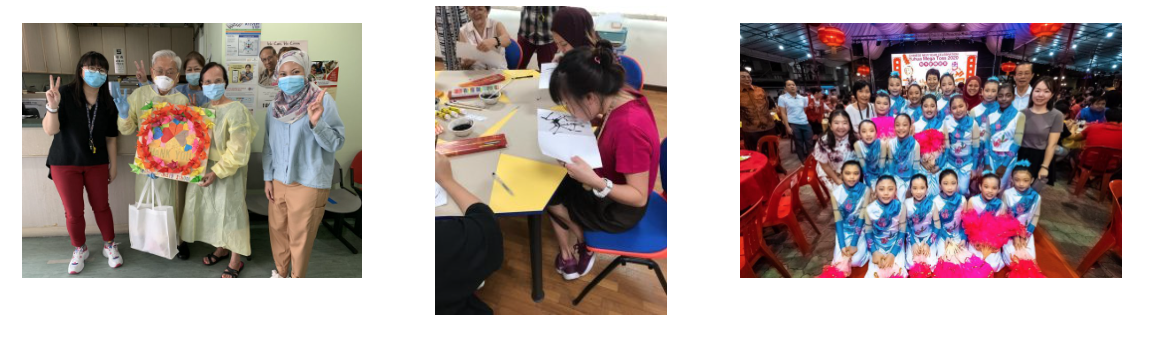 Three photos: masked people holding artwork, a person drawing at a desk, and children in blue costumes at a festive event.
