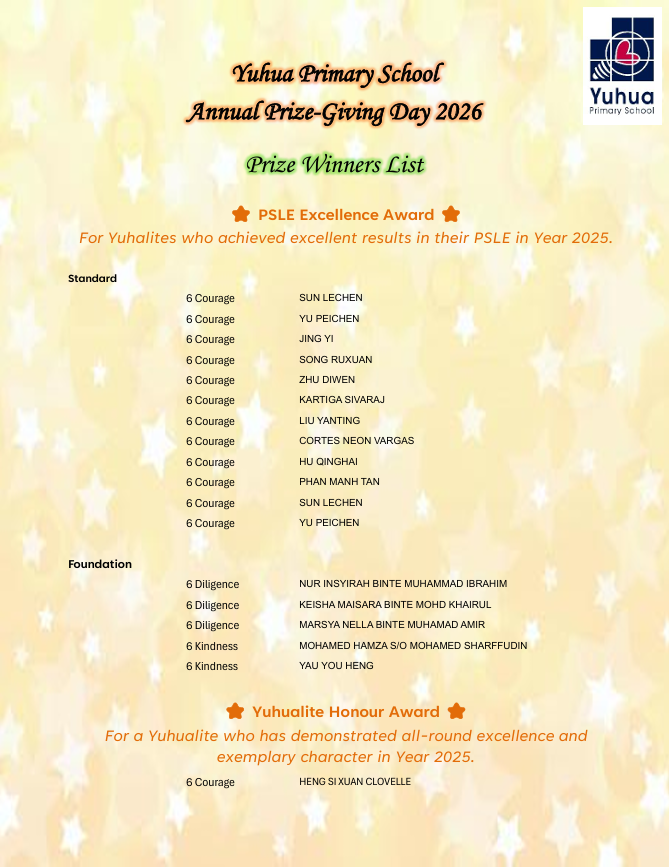 Yuhua Primary School Annual Prize-Giving Day 2026 prize winners list with PSLE Excellence and Honour Award categories.