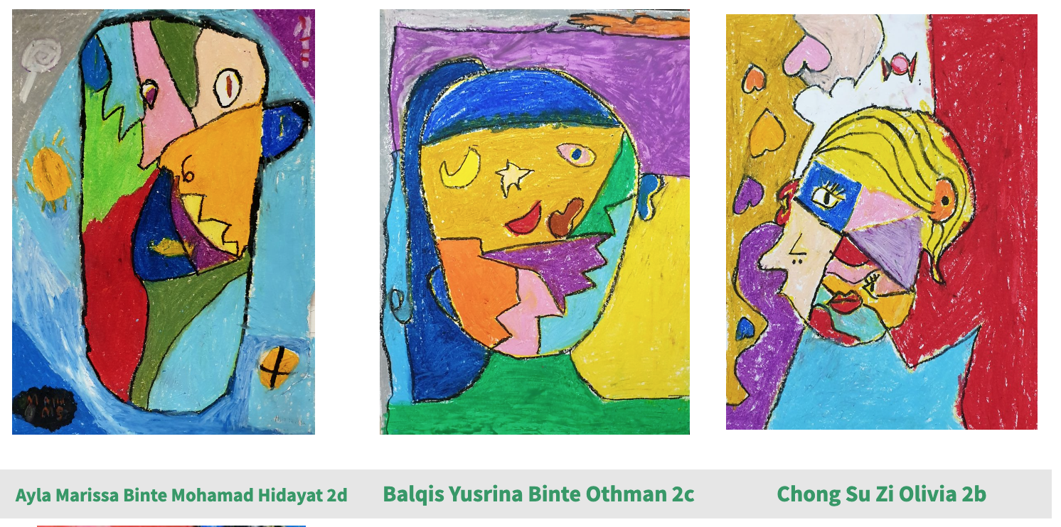 Three colorful crayon cubist-style face artworks by students Ayla, Balqis, and Chong Su Zi.