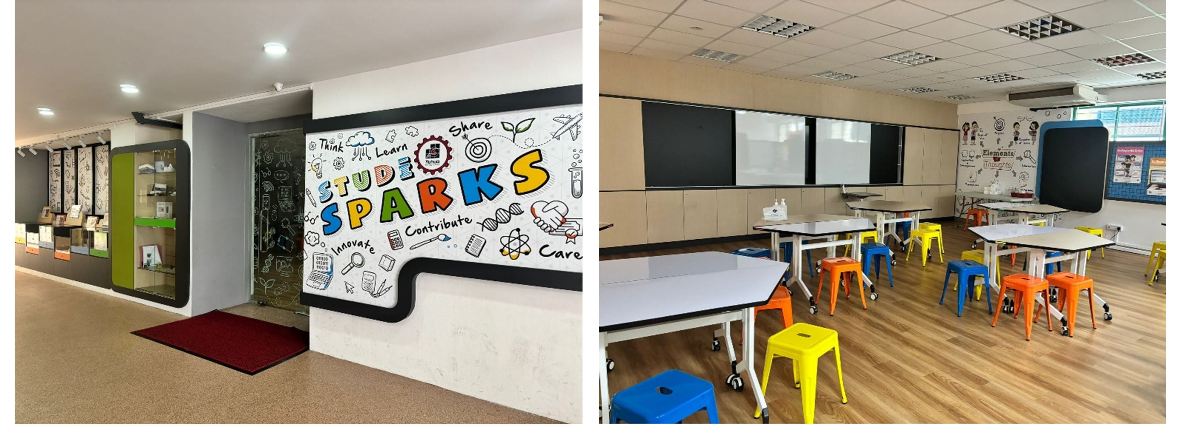 Two school spaces: a hallway with a Studio Sparks mural, and a classroom with colorful stools and white tables.