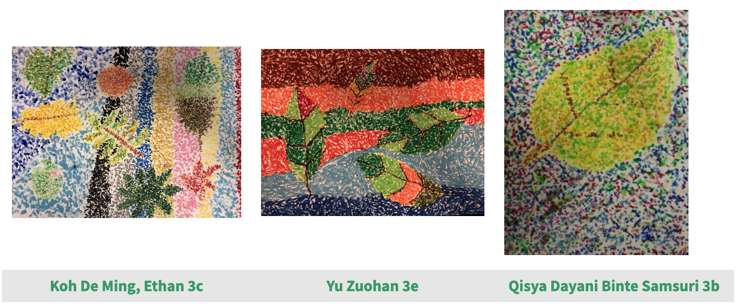 Three pointillist-style children's artworks showing a colorful tree, green plants on striped background, and a close-up leaf.