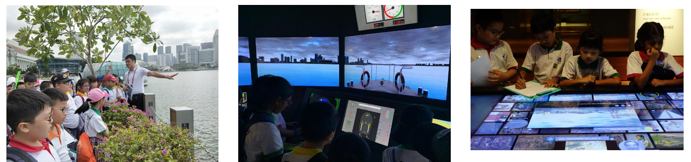Three scenes of children on a field trip: outdoors by a waterfront, at a ship simulator, and around a digital table.