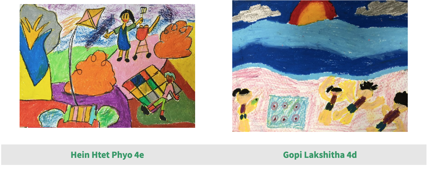 Two children's crayon drawings: one shows kids flying kites outdoors, the other depicts a beach scene with a sunset.