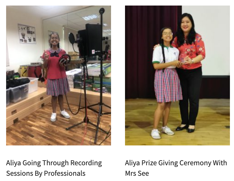 A girl stands by a microphone in a studio; beside it, she poses with a woman at a prize giving ceremony.