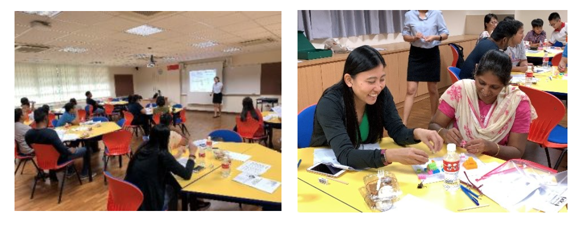 Two photos of a classroom workshop: adults seated at yellow tables doing hands-on activities while a presenter stands nearby.