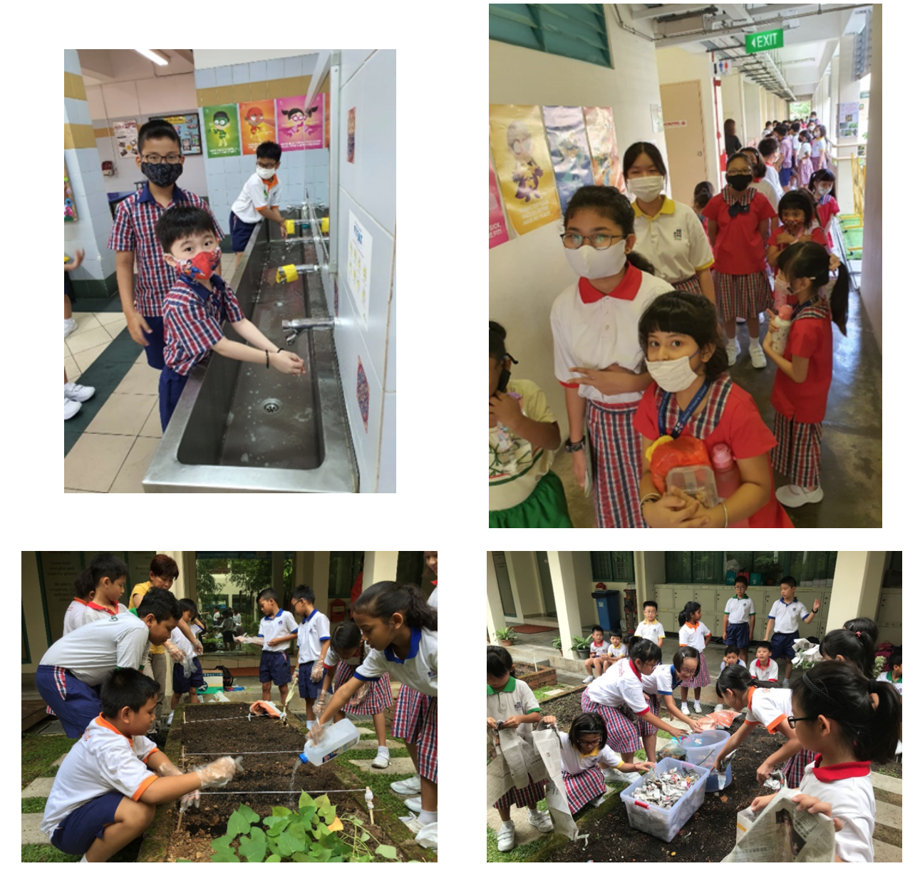Four photos of masked school children washing hands, walking in a hallway, and gardening in raised soil beds outdoors.