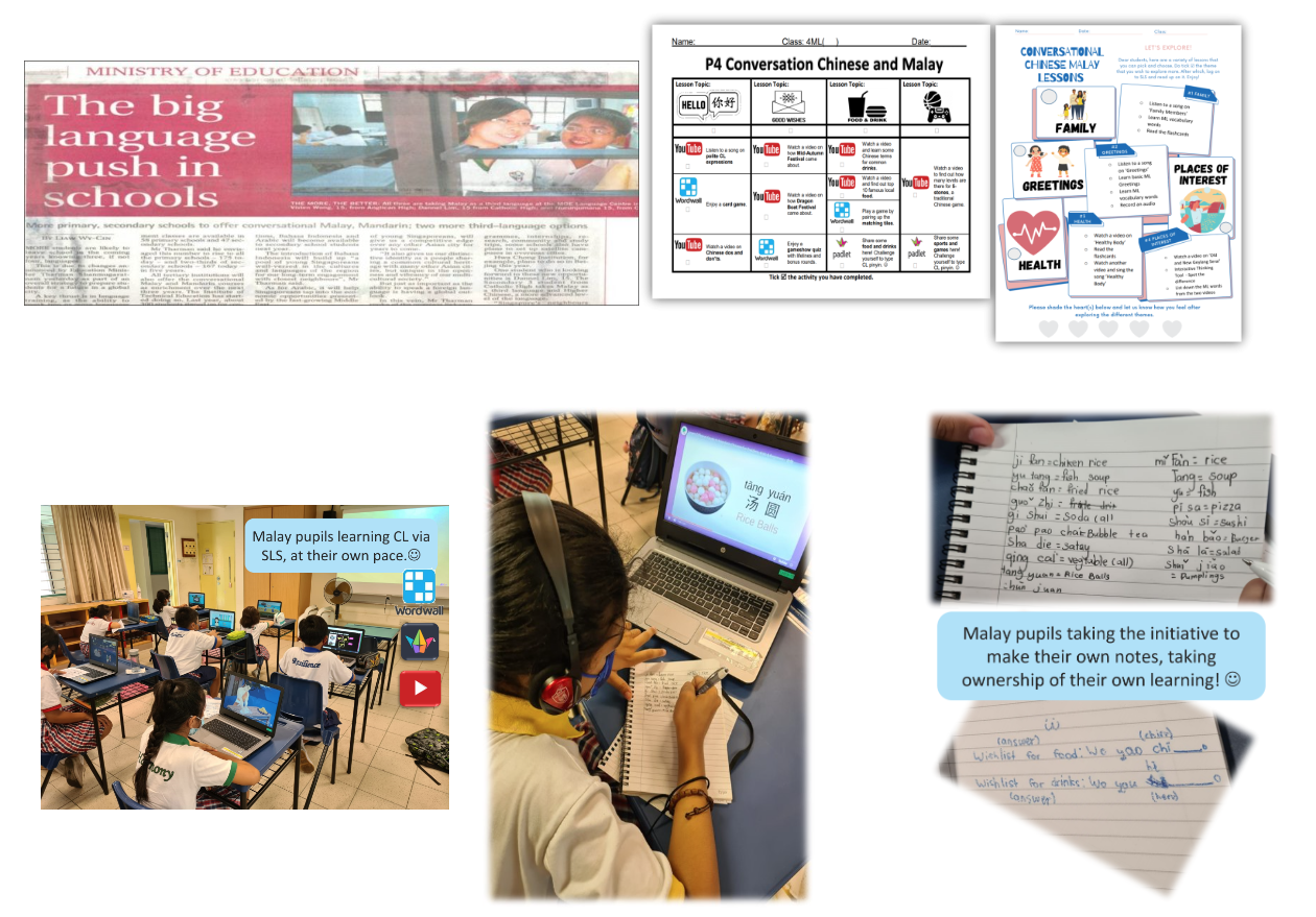 Collage showing Malay students learning Chinese and Malay via laptops, worksheets, handwritten notes, and a newspaper article.