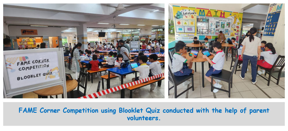 Students sit at tables with tablets during the FAME Corner Competition Blooklet Quiz, supervised by adult volunteers.
