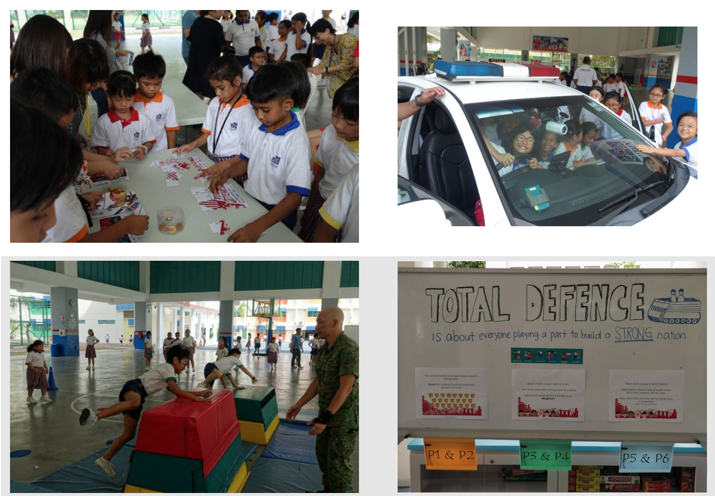 Four school event scenes: card activity, kids in police car, obstacle course with soldier, and Total Defence display board.
