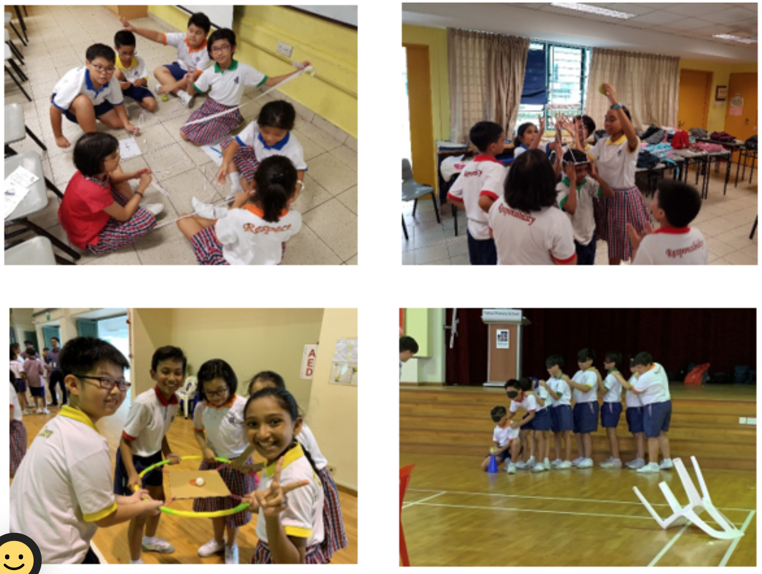 Four photos of uniformed school children doing group activities indoors, including floor tasks, tossing, and team games.