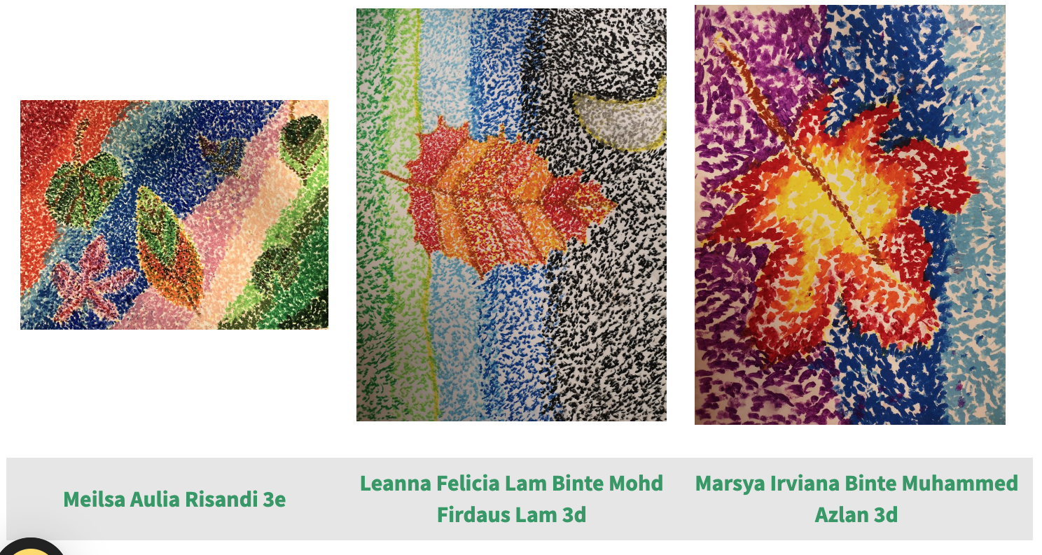Three pointillist-style student artworks featuring colorful leaf designs, labeled with student names and class levels.