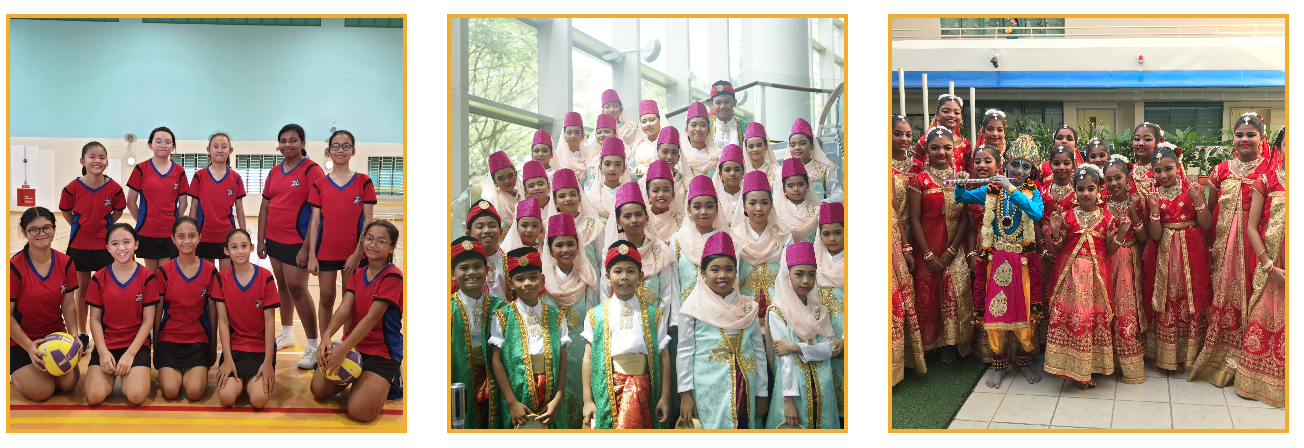 Three group photos of children: a volleyball team in red, kids in Malay attire, and girls in Indian dance costumes.