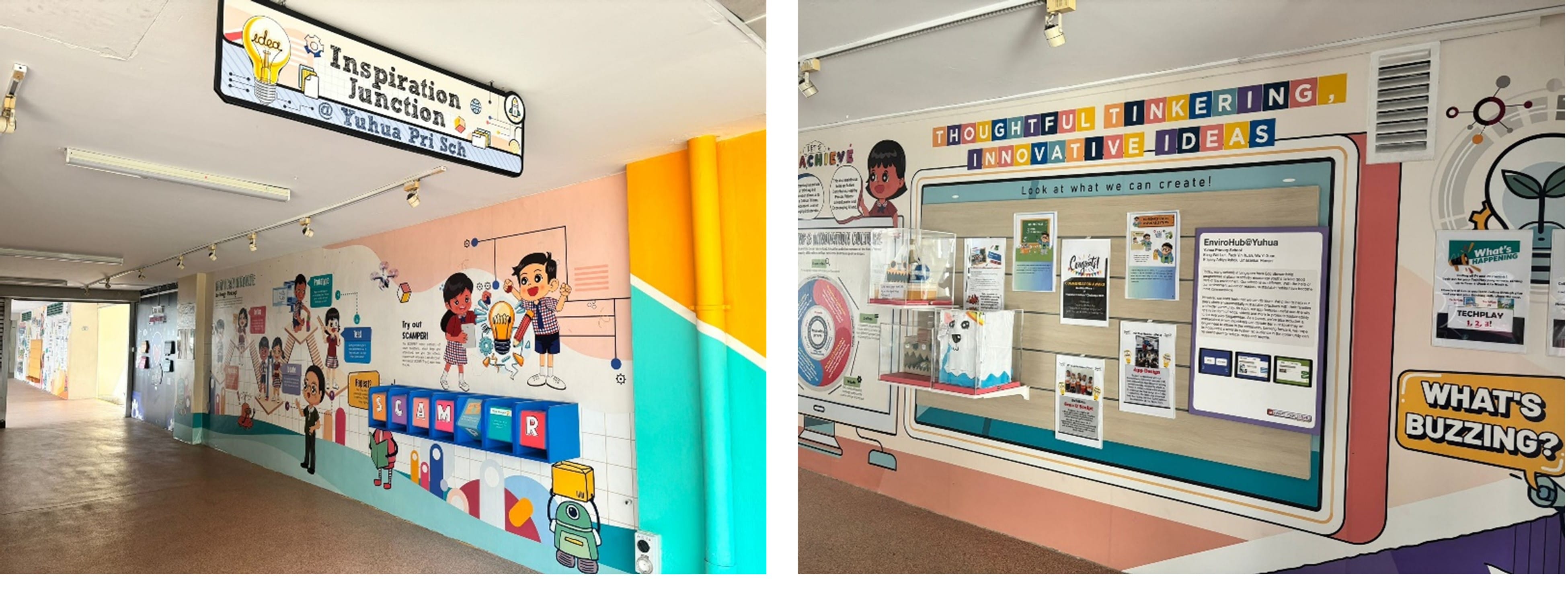 Colorful school corridor murals at Yuhua Pri Sch with cartoon kids, innovation themes, and a display board reading Thoughtful Tinkering.