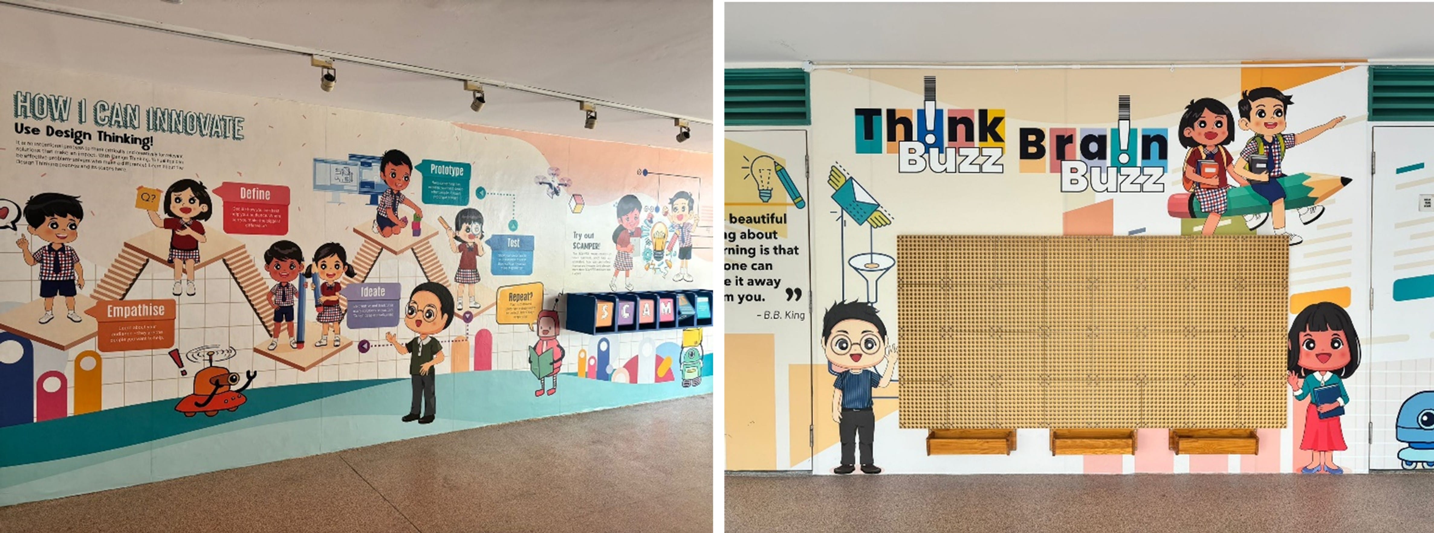 Two colorful school murals with cartoon children, one titled "How I Can Innovate" and the other "Think Buzz Brain Buzz."