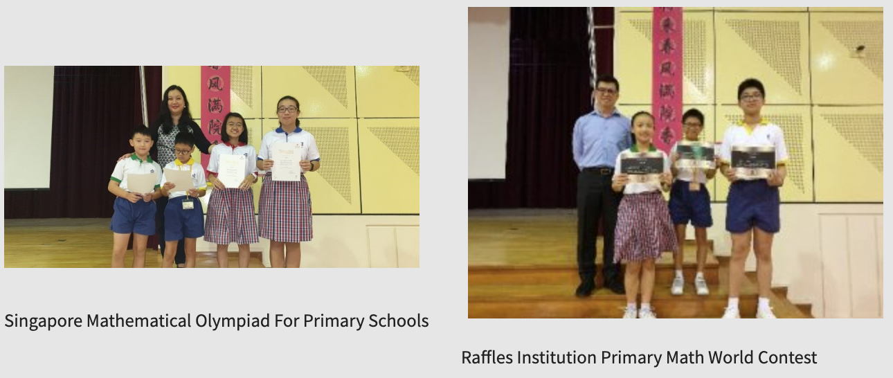Two award ceremony photos showing students holding certificates at math competitions in Singapore.