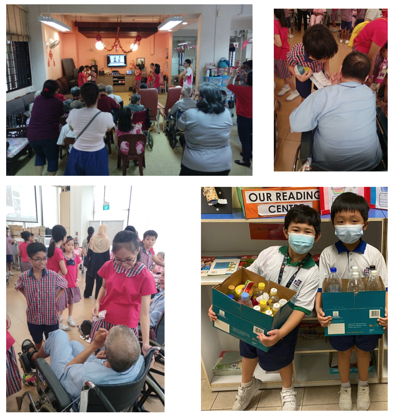 Four scenes of children interacting with elderly at a care home, and two masked boys holding a box of bottles at school.