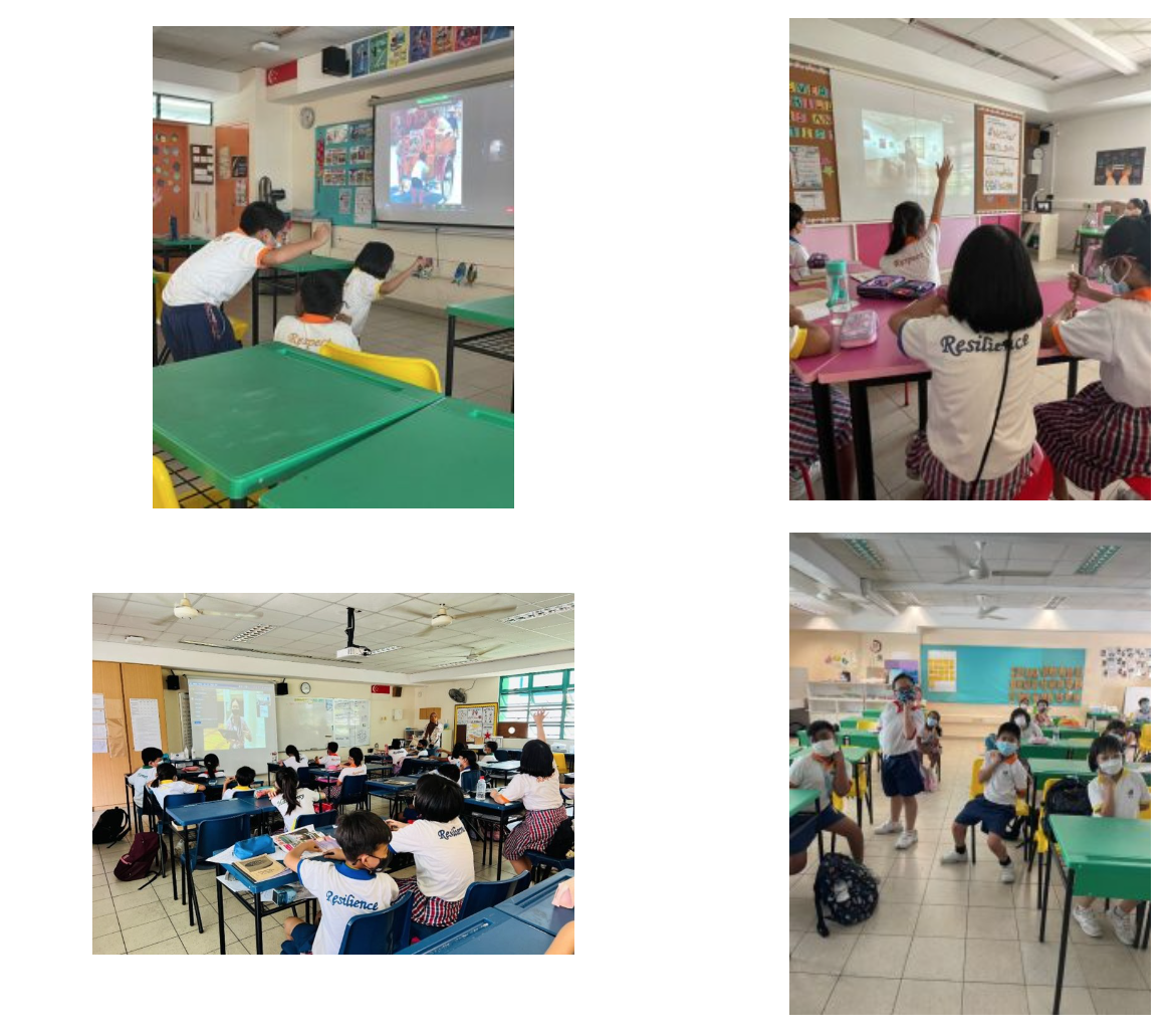 Four classroom scenes showing masked students at desks, some raising hands, watching a projected screen.