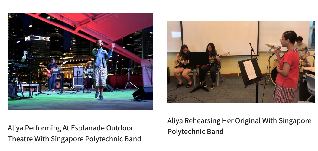 Two photos of Aliya performing and rehearsing with Singapore Polytechnic Band, one outdoors at night, one indoors.