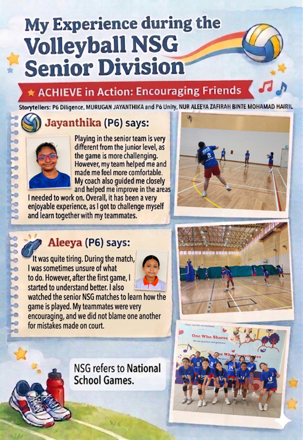 Flyer about Volleyball NSG Senior Division featuring student stories, photos of players on court, and a team group photo.
