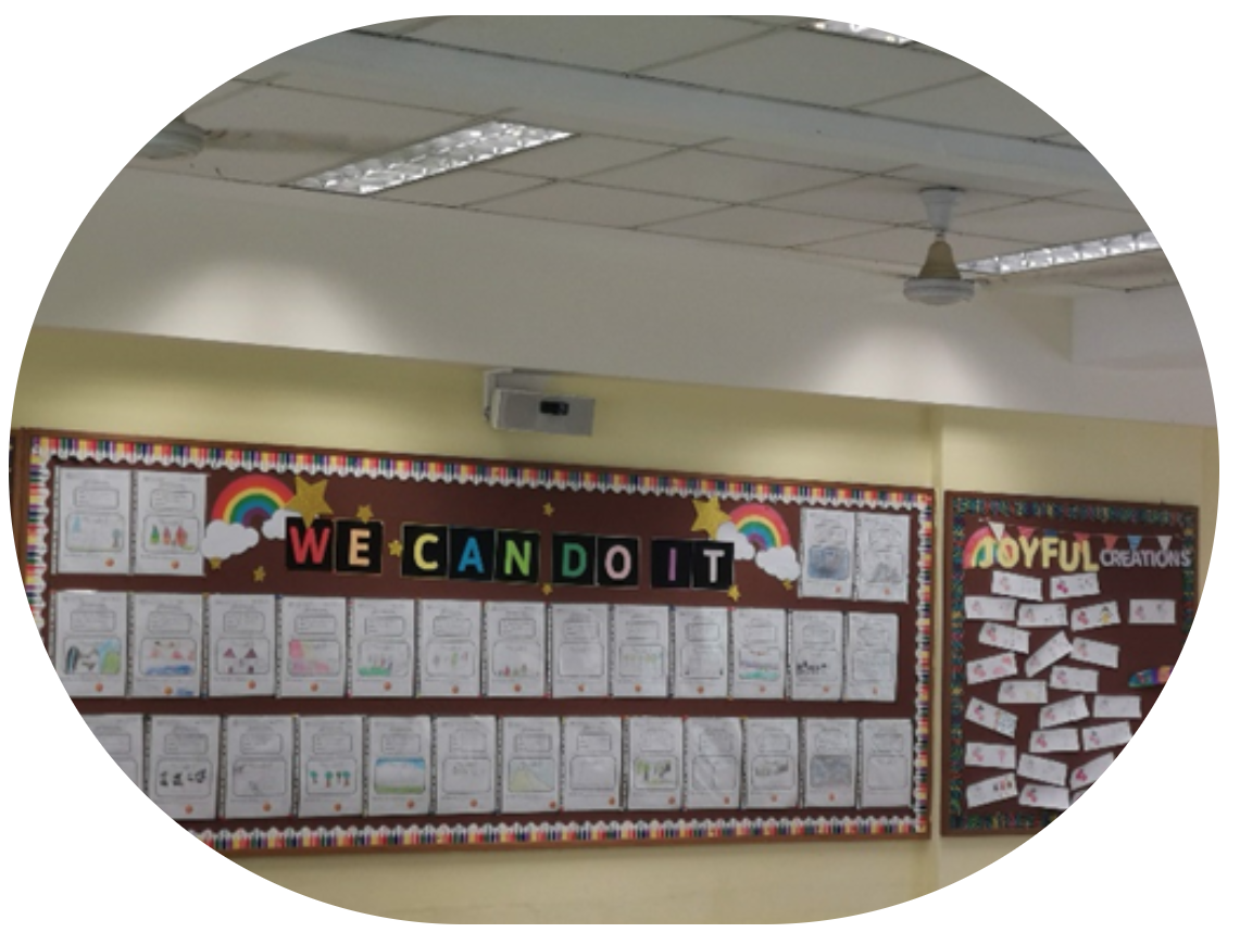 Classroom bulletin board displaying "WE CAN DO IT" with rainbows and rows of student artwork papers.