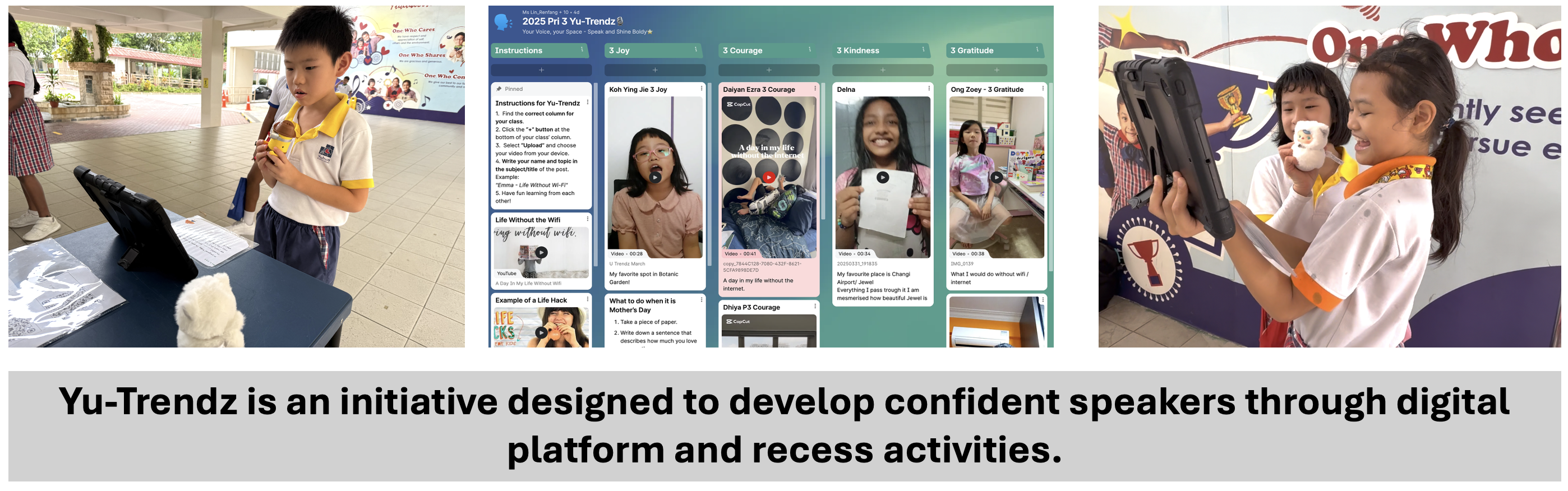 Students using tablets for Yu-Trendz, a program developing confident speakers through digital and recess activities.