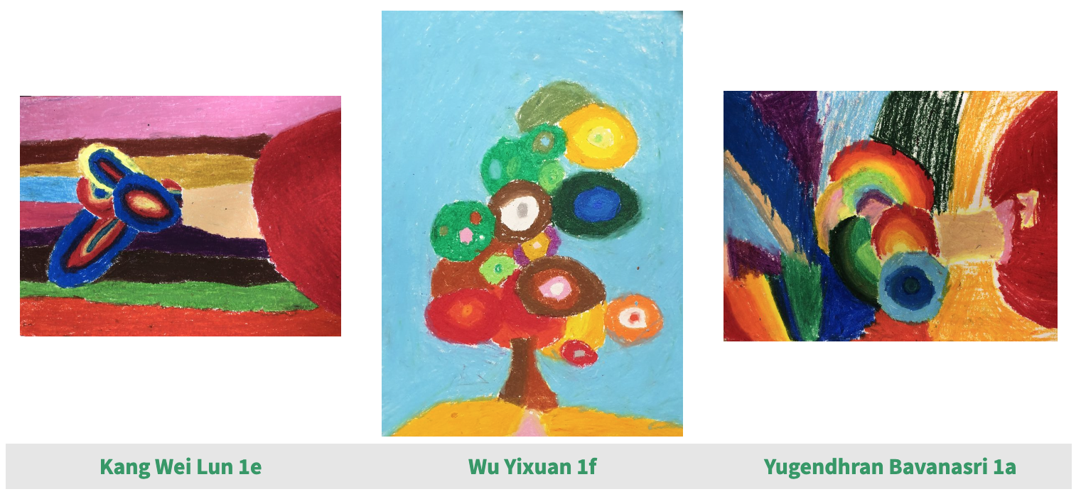 Three colorful children's crayon artworks showing abstract shapes, a multicolored tree, and a rainbow scene.