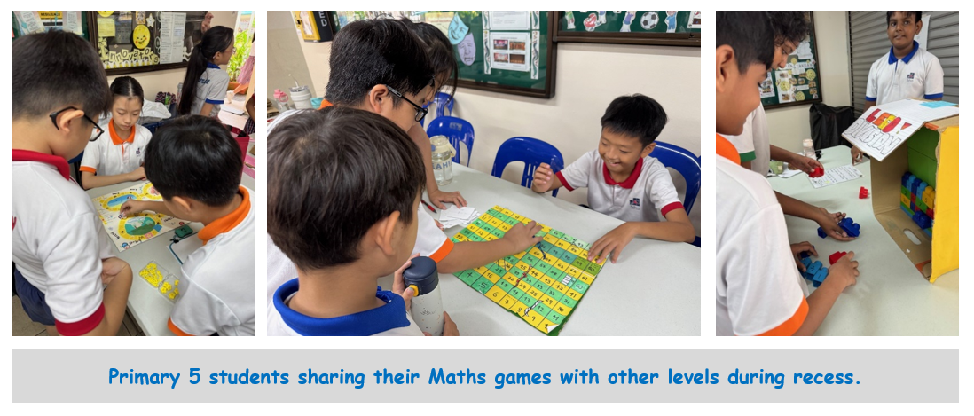 Three photos of primary school students in uniforms playing math board games together at tables during recess.