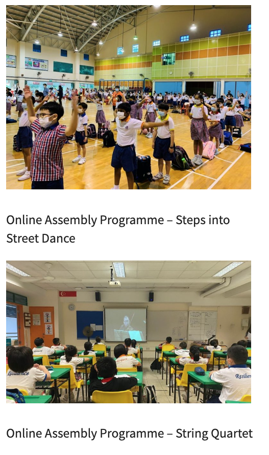 Students in a school gym doing street dance moves, and below, students in a classroom watching a projected screen.