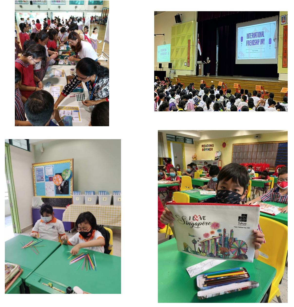 Four school event photos showing an International Friendship Day assembly and students doing crafts, one holding an I Love Singapore pouch.