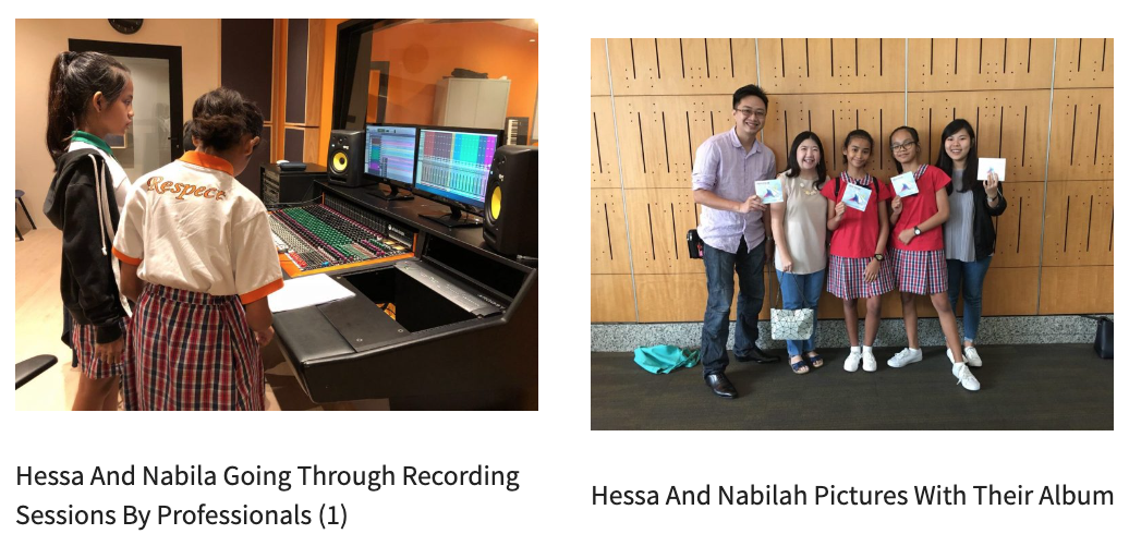 Two girls at a recording studio console, and five people posing together holding small album covers.
