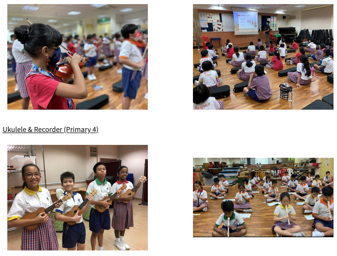 Four photos of school children playing violins, ukuleles, and recorders during music lessons in classrooms.