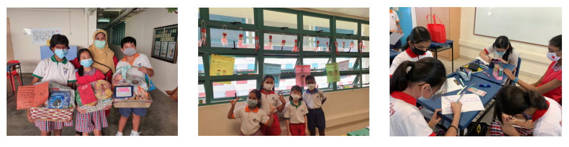 Three school scenes: masked students holding crafts, posing by a display wall, and working together at a desk.