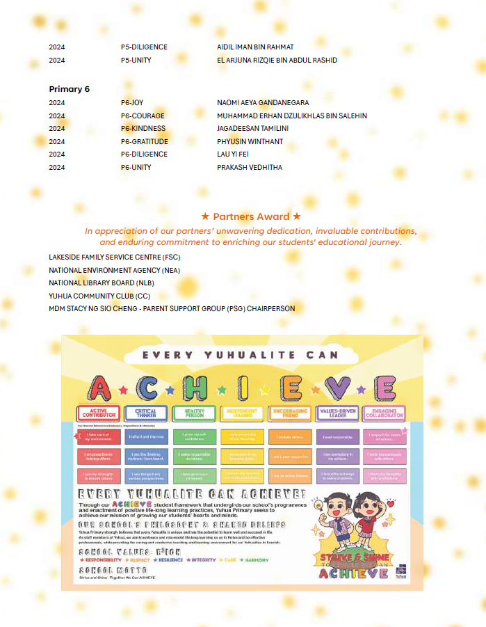 School awards list for Primary 6 students in 2024, Partners Award section, and a colorful ACHIEVE framework poster.